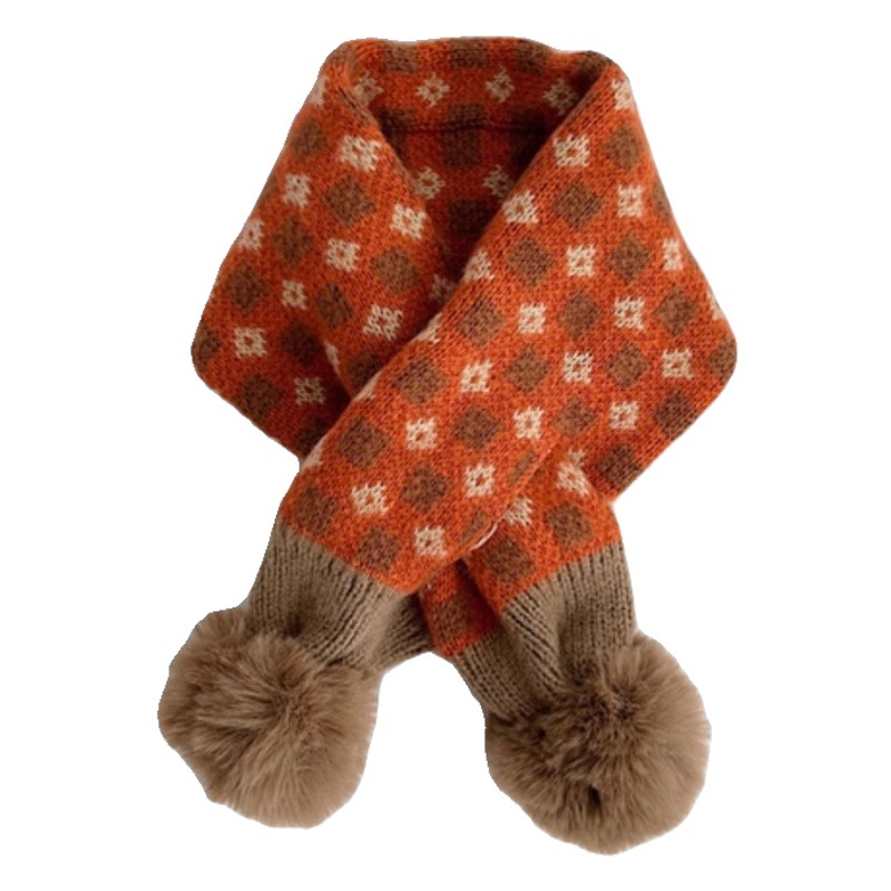 Autumn and winter baby fur ball cross cute warm scarf Korean square floral thickened children's windproof neck protection scarf