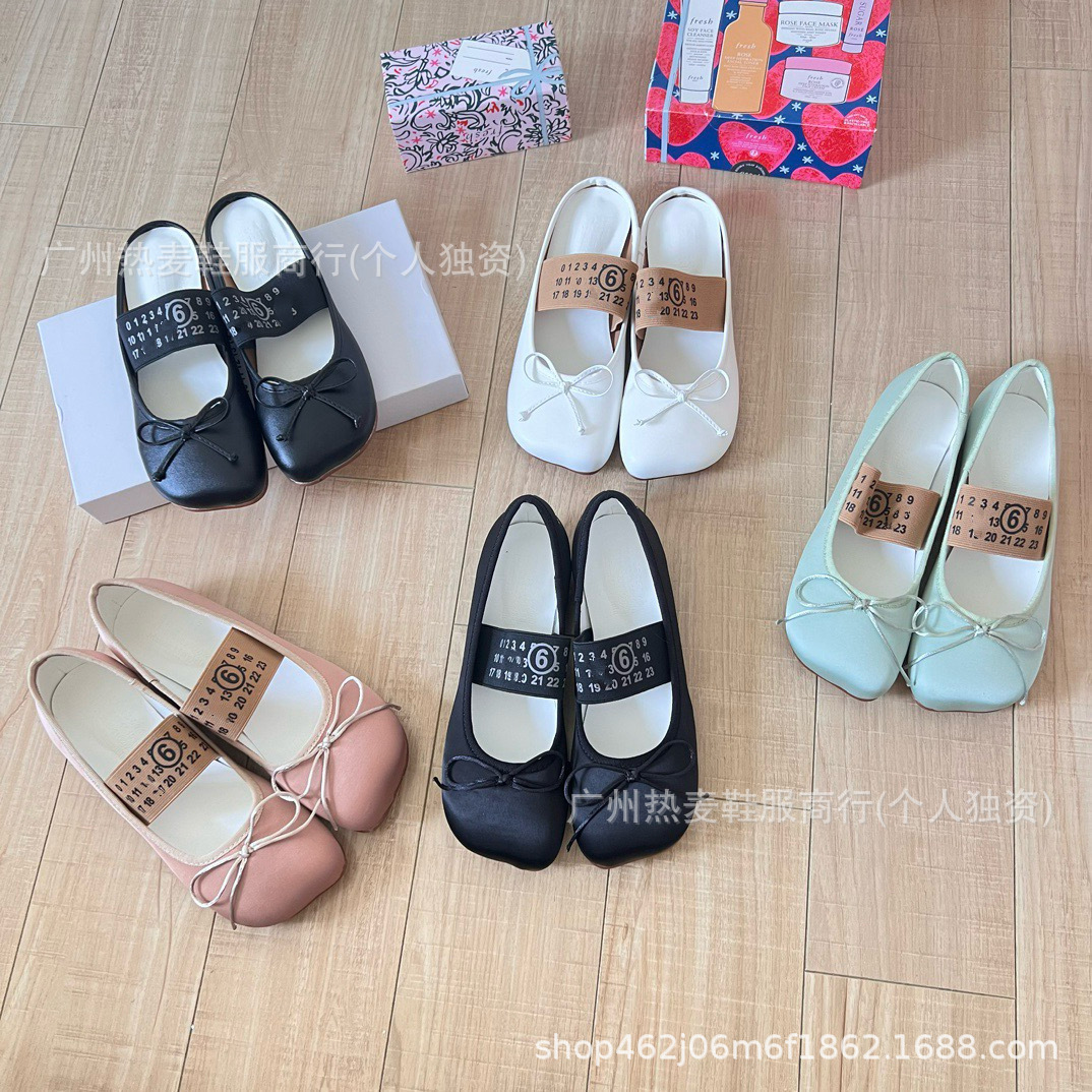 High Version New Lambskin French Thick Heel Flat Letter Bow Shoes Mary Jane Shoes Women's Ballet Shoes