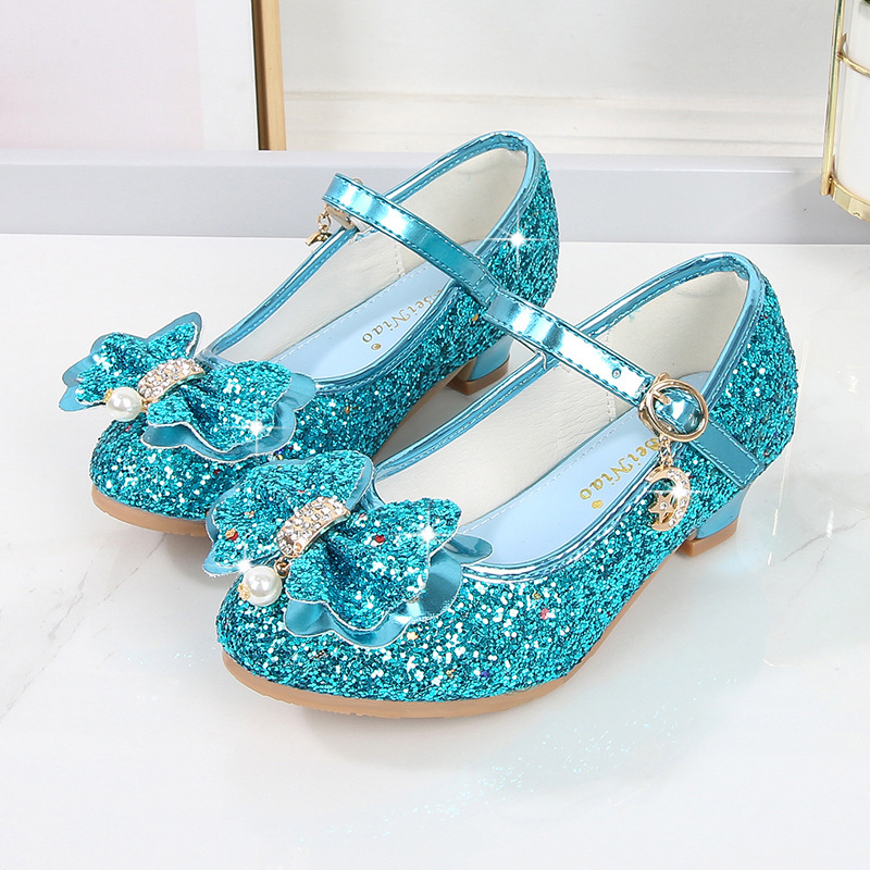 Girls Leather Shoes High Heels 2025 Spring Rhinestone Bow Little Princess Model Crystal Flats Sequined Children's Shoes for Women