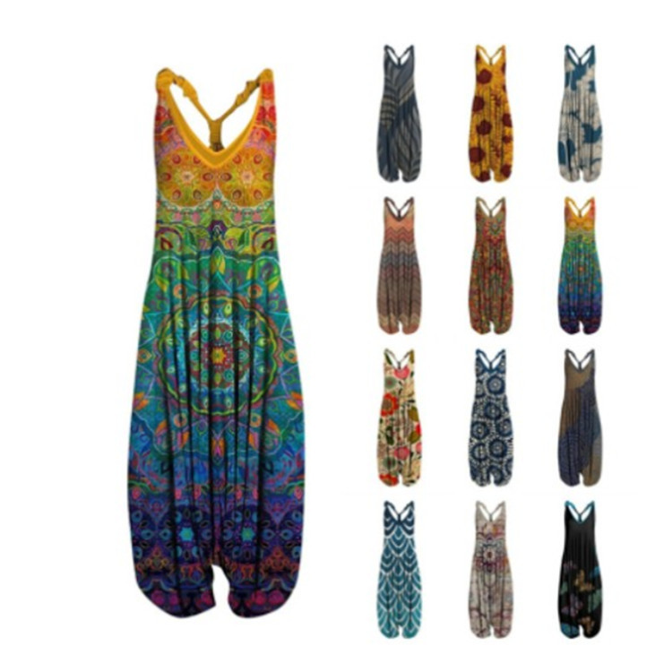 2024 European and American Sexy Handsome Style Printed Sleeveless Loosely Design Knitted Spinning Cotton Strap Jumpsuit
