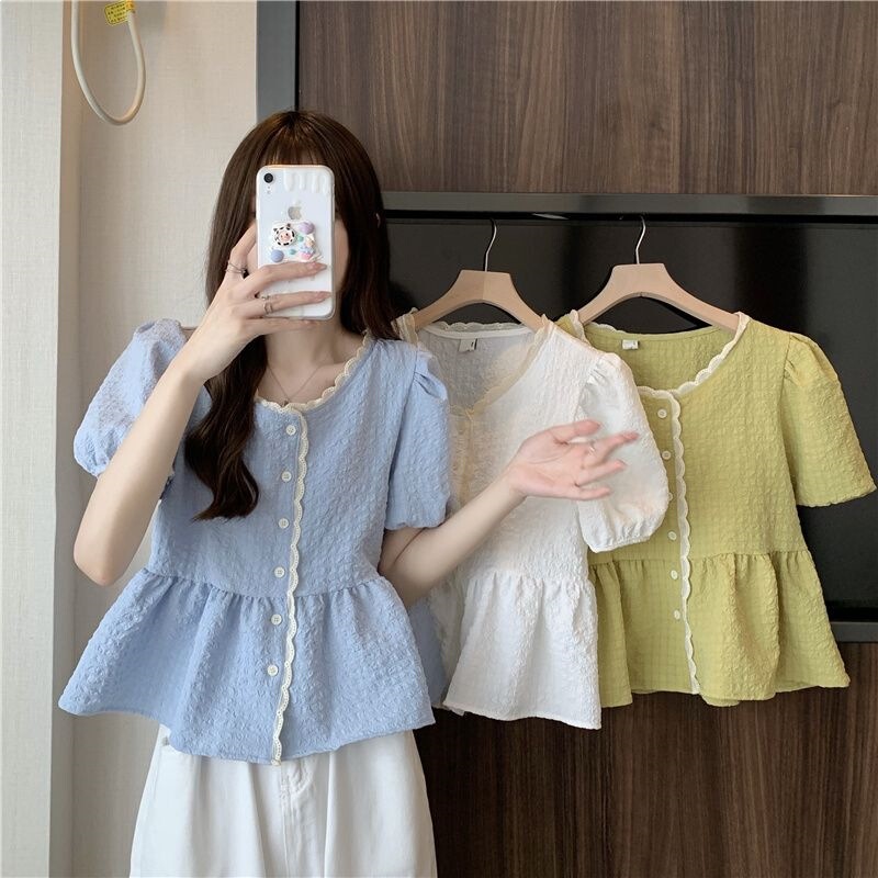 Summer New Korean Style Cute Versatile Plus-Size Tummy-Concealing Slimming Puff Sleeve Lace-Trimmed Doll Shirt Short-Sleeve Top