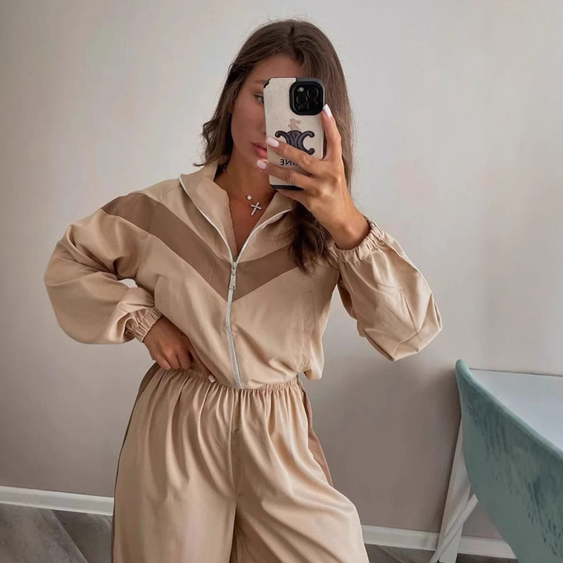 Fashion Casual Amazon Women's Clothing Cross-Border European and American Long-Sleeved Contrasting Sports Cardigan Trousers Suit Street Style Suit