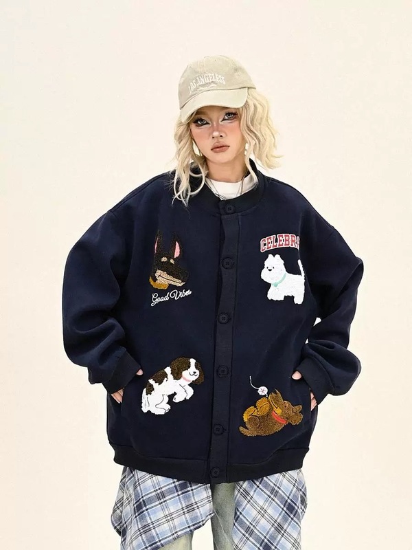 2025春秋新作無性別風学院子犬刺繍布飾り丸襟カーディガン男女ジャケット|undefined