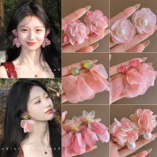 银针布艺花朵流苏珍珠耳钉海边度假风甜美耳环百搭氛围感夸张耳饰