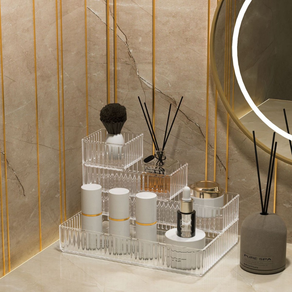 Caja organizadora transparente para cosméticos, productos de cuidado de la piel y perfumes, para lavabo o escritorio, con cajón y estante integrado.
