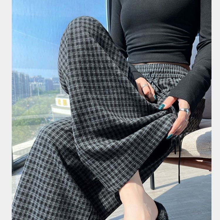 慵懒风毛呢格子阔腿裤女2025秋冬季垂感高腰显瘦休闲直筒拖地长裤|undefined