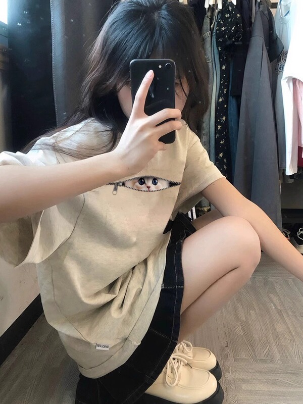 独特超好看短袖t恤女夏2025新款纯棉洋气百搭美式宽松慵懒风上衣t|undefined