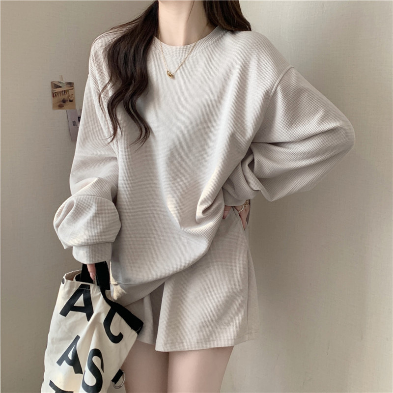 Waffle Long-Sleeved T-Shirt Sweatshirt + Three-Quarter Pants Shorts Two-Piece Set Women's Round Neck Bottoming Shirt Women's Casual Suit