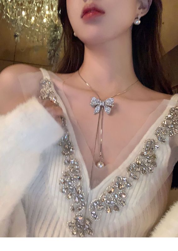 欧美跨境时尚毛衣链女高级感长项链轻奢个性百搭秋冬流苏珍珠项链|undefined