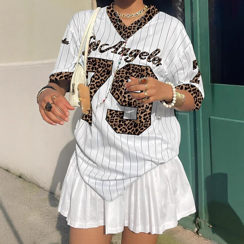 Cross-border 2025 European and American Sports Hot Girls American Retro Jersey Loose Street V-neck Striped Short-sleeved T-shirt Top