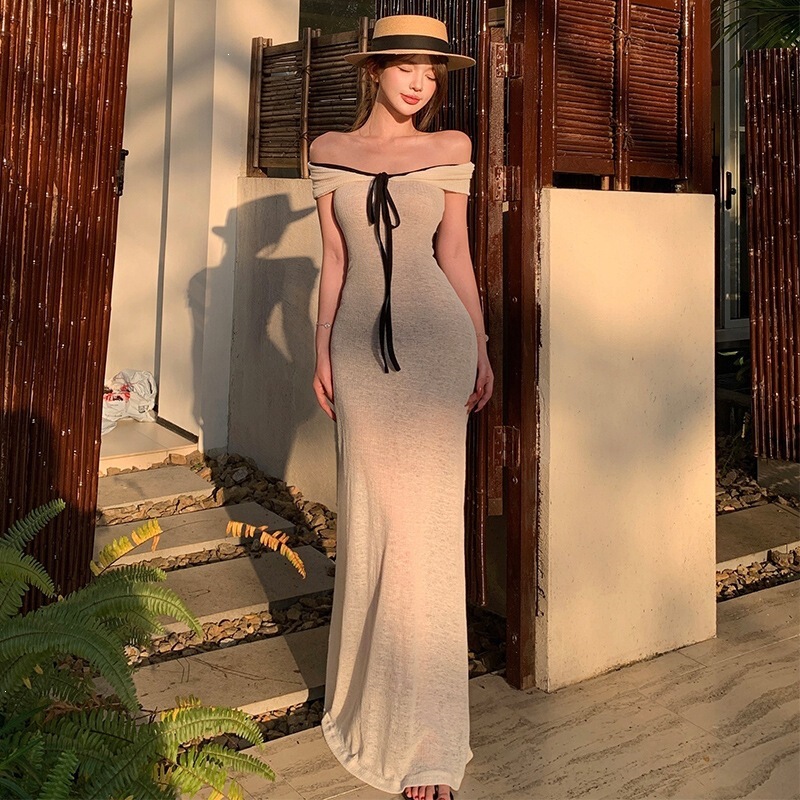 Windsor Love' Romantic Off-Shoulder Tie-Waist Bodycon Dress for Women in White Knitted Fabric Slim Fit
