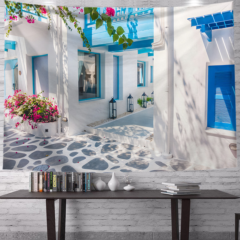 Transfronterizo griego fresco paisaje impresión decorativa de tela de renovación de la sala de tela de fondo vivo fábrica de tela al por mayor