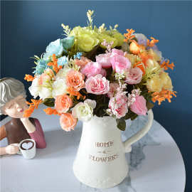 10头开心玫瑰花束家居装饰绢布仿真小把花清新风瓶花跨境婚庆插花