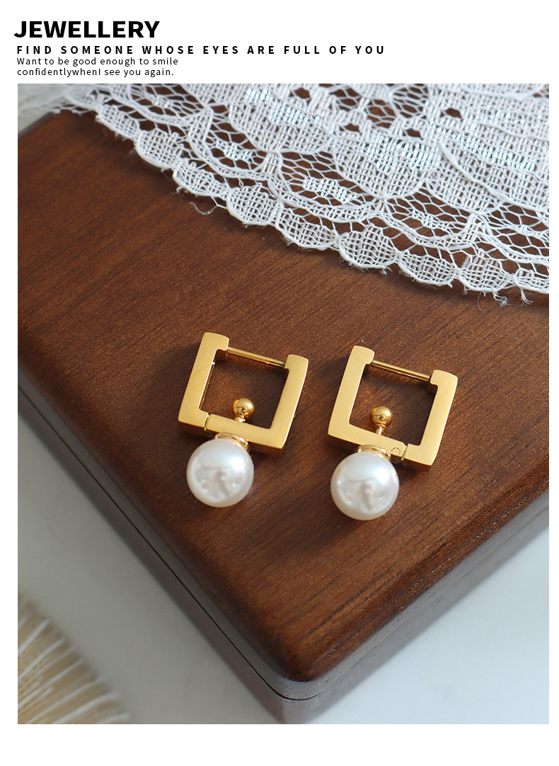 French Style Square Inlay 304 Stainless Steel Artificial Pearls 18K Gold Plated PVD Coated Drop Earrings display picture 4