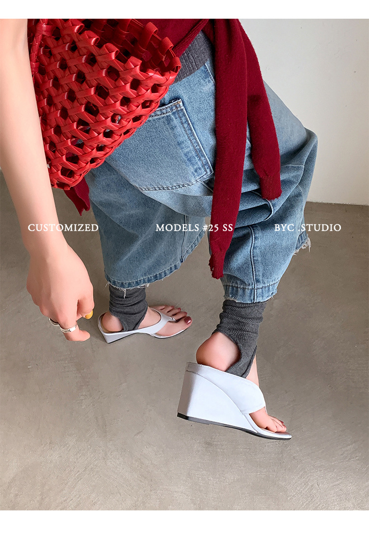 Dép xỏ ngón nữ đế xuồng cao 7 cm phối váy mùa hè — đen, bạc trắng, màu đỏ chi tiết 10