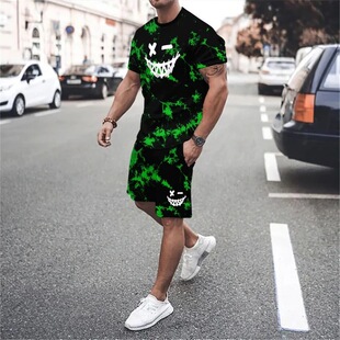 Independent Station New Summer Men's Shorts and T-Shirt suit 3D Color Block Printing Sports Fashion Short Sleeve 2 Piece Set