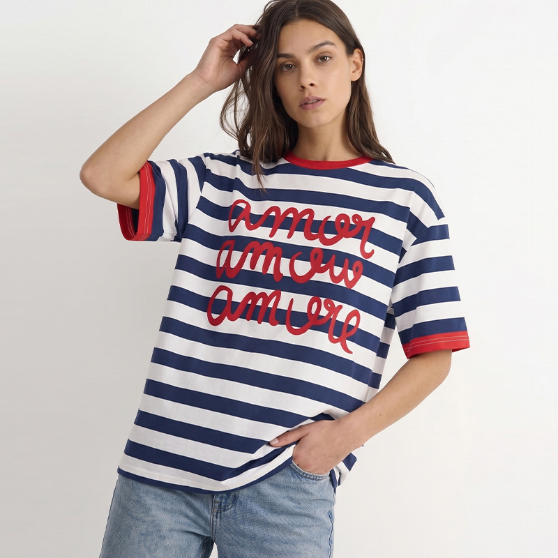 Cross-Border Wildberries Russian Fashion Women's Striped T-Shirt 2026 Summer European and American Loose Mid-Sleeve Top Cross-Border Wildberries Russian Fashion Women's Striped T-Shirt 2026 Summer European and American Loose Mid-Sleeve Top