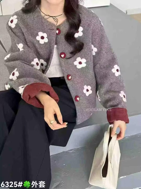 厂家直销欧洲站设计感立体花朵圆领小香风呢子外套女25秋冬上衣潮|undefined