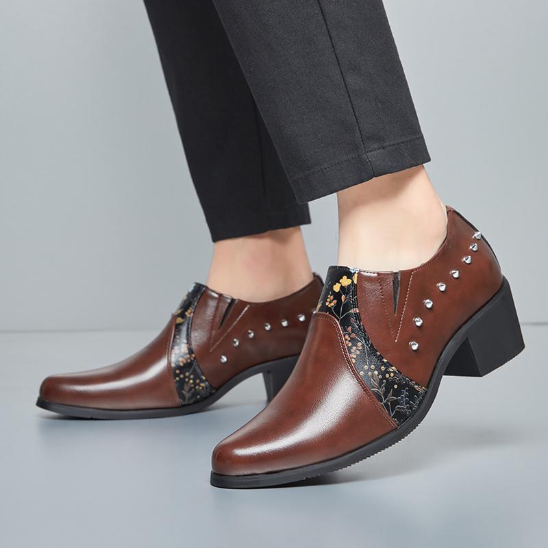 Autumn Retro High-Heeled Pointed Leather Shoes for Men, Large Size Business Formal Casual Shoes, Fashionable Rivet Cuban Shoes for Men