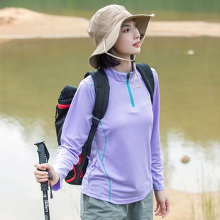 Solid Color Outdoor Quick-Drying Clothing Spring & Fall Women's Stand-Up Collar Quick-Drying T-Shirt Hiking Hiking Women's Quick-Drying Long-Sleeved Outdoor Quick-Drying Clothing