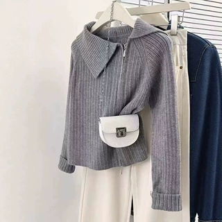 杏色翻领双拉链针织开衫女春秋设计感小众气质高级感毛衣外套上衣