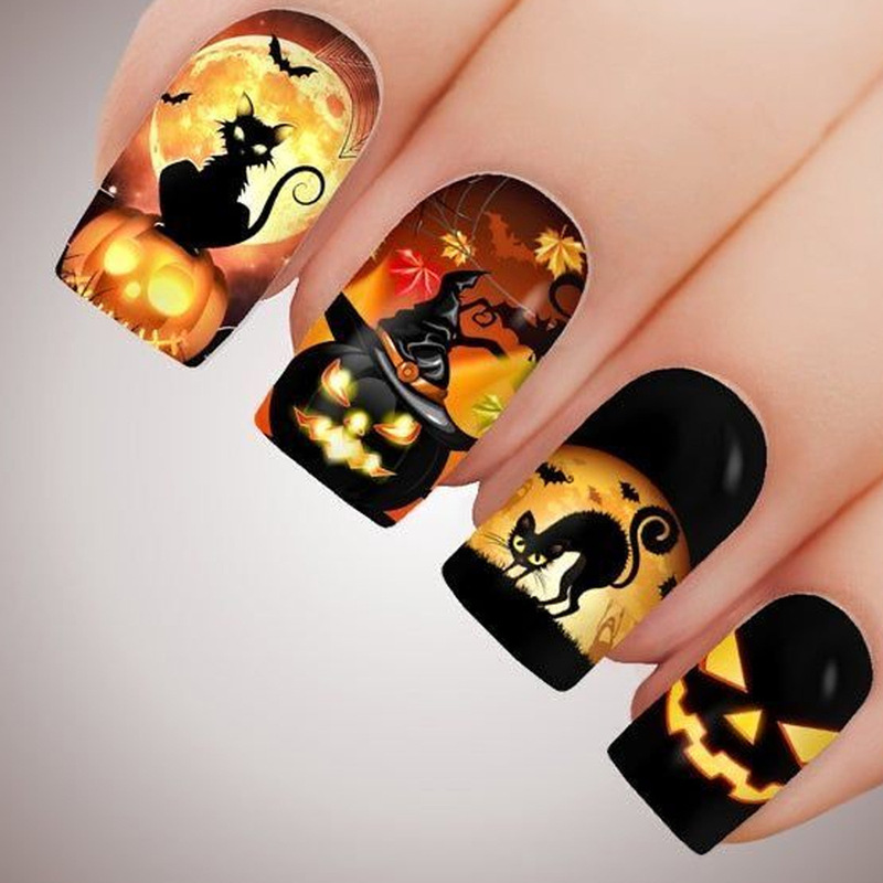 Pumpkin Hat Short Wearable Nails Halloween Bat Black Cat Nail Art Patch European and American Foreign Trade Ghost Face Nail Patch