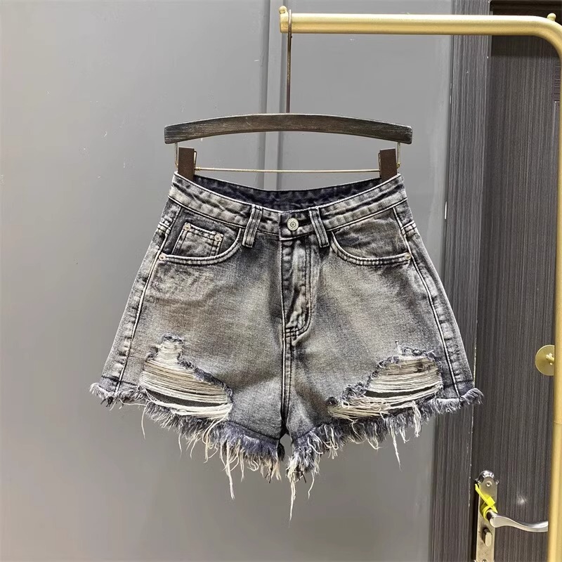 Washed Black Denim Shorts with Frayed Hems, 2024 Summer New Stylish A-Line Wide-Leg Hot Pants