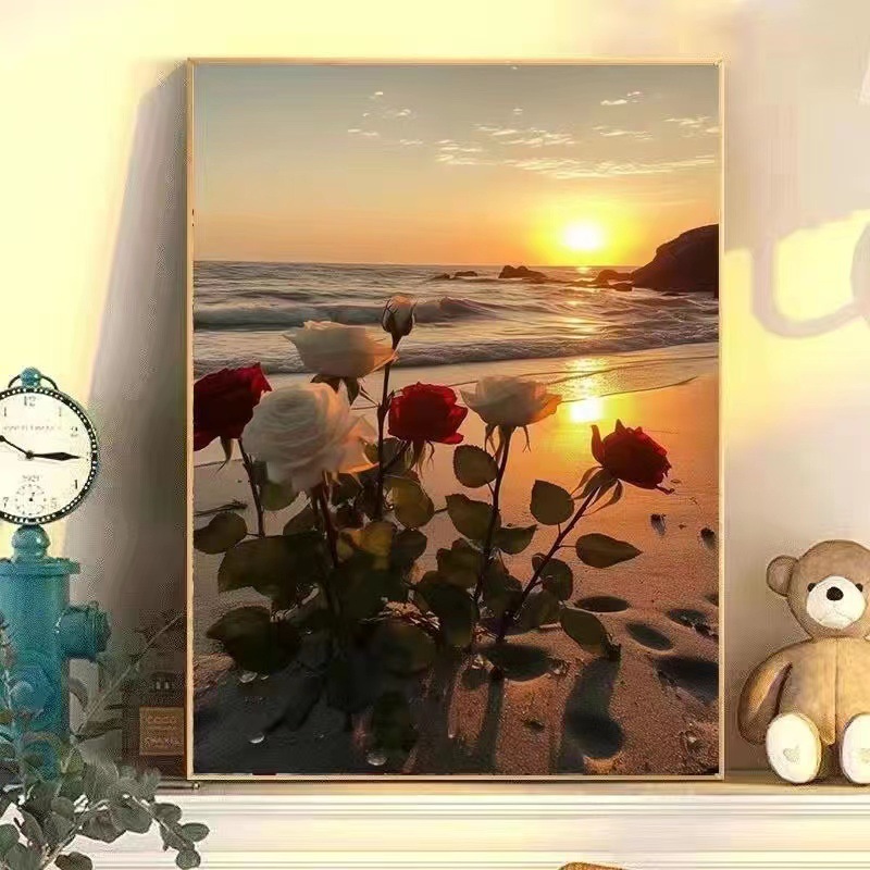 Pintura al óleo digital de bricolaje Rosa hecha a mano relleno de color pintura al óleo curación hecha a mano simple flor sala de estar pintura decorativa Generación de cabello