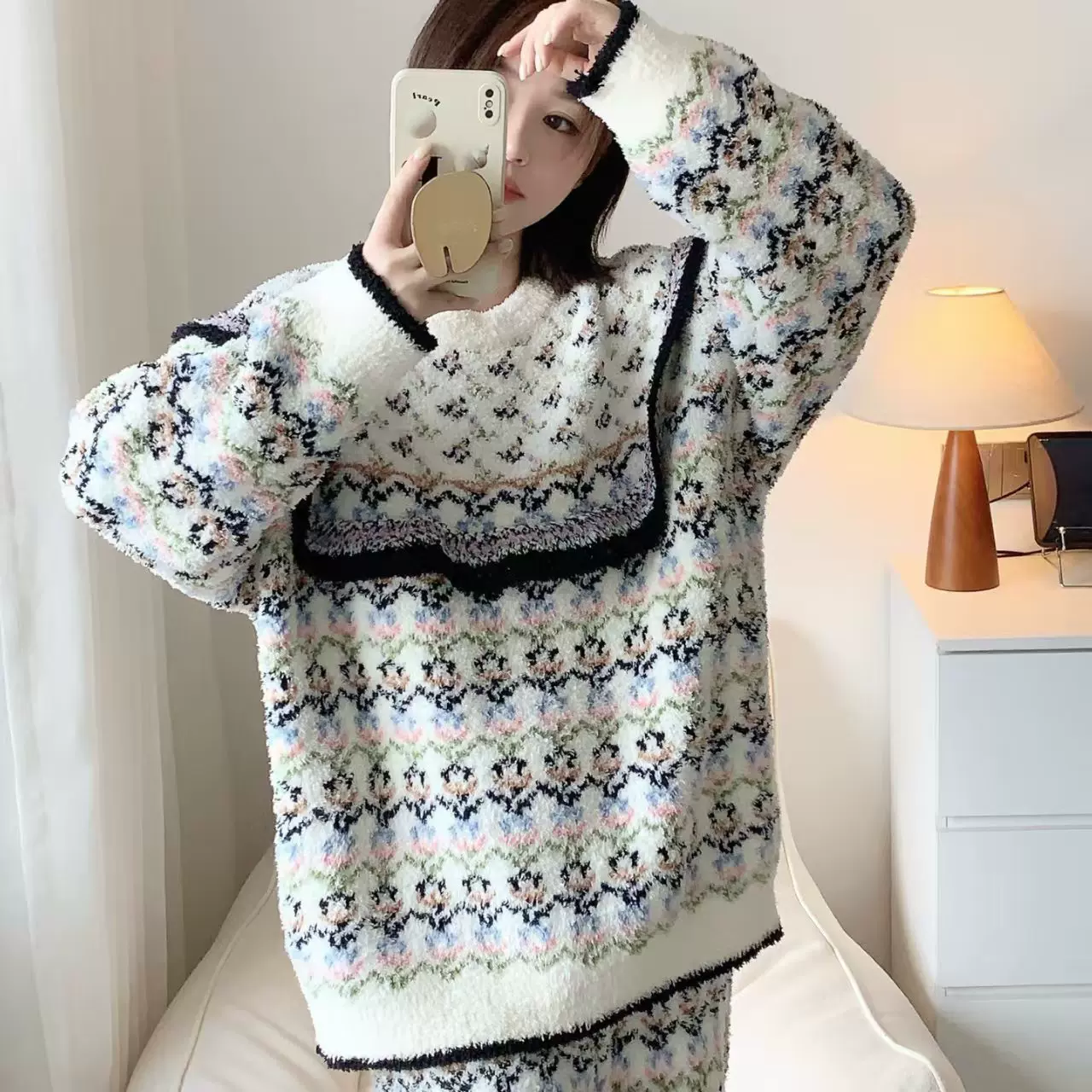 复古民族风半边绒睡衣女生冬季新款大码加厚保暖家居服套装可外穿