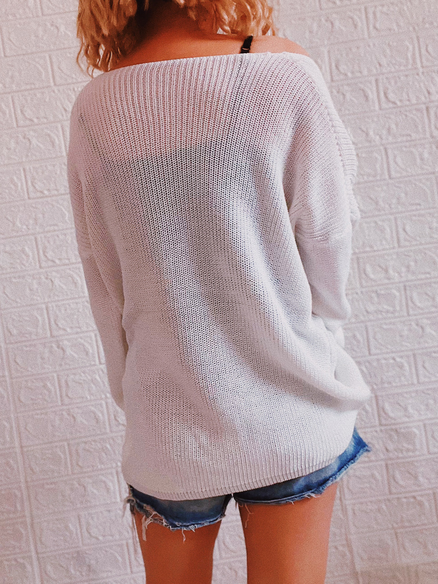 loose V-neck long-sleeved solid color sweater NSSX126583