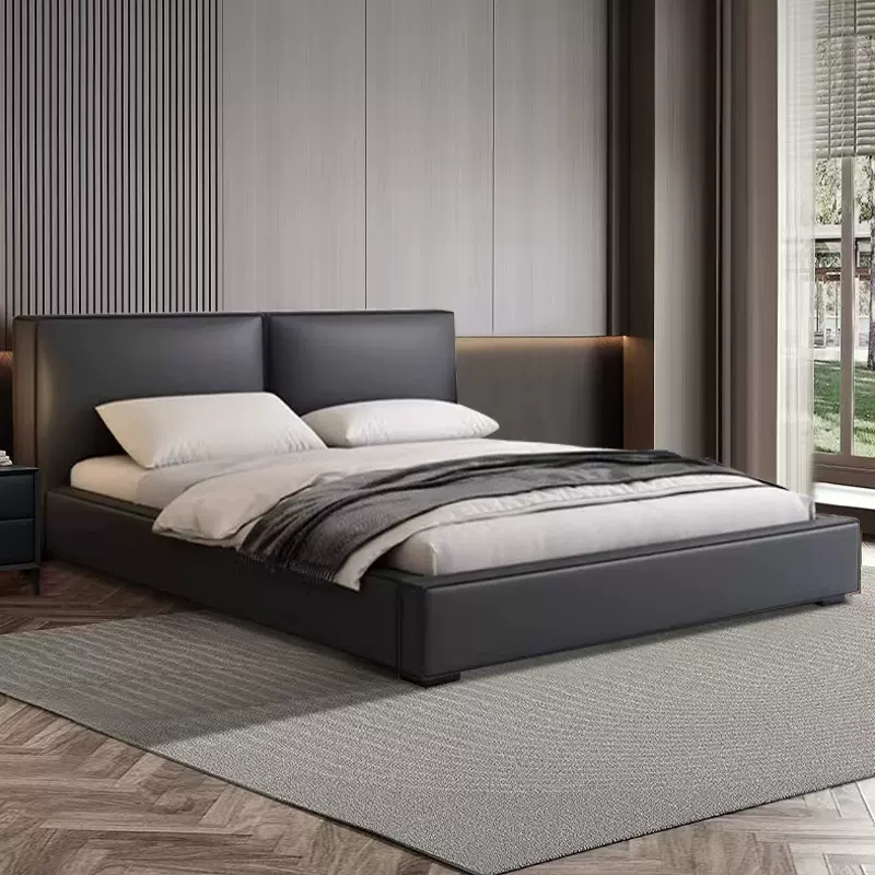 豆腐块床软包双人大床现代简约主卧真皮床小户型矮脚款齐边储物床