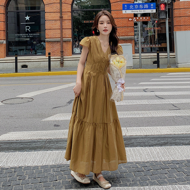 Real Shot of Khaki French Extra Long Ankle-Length Dress for Women Summer 2025 New High-Waist Slimming Look Elegant Large Hem Skirt Real Shot of Khaki French Extra Long Ankle-Length Dress for Women Summer 2025 New High-Waist Slimming Look Elegant Large Hem Skirt