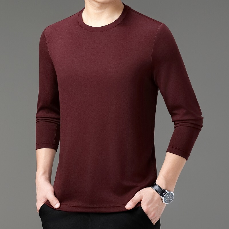Luxury Autum Mulberry Silk Men's T-Shirt Big Brand Modal Spring and Autum Bottoming Shirt Middle-Aged Dad Long-Sleeved T-Shirt