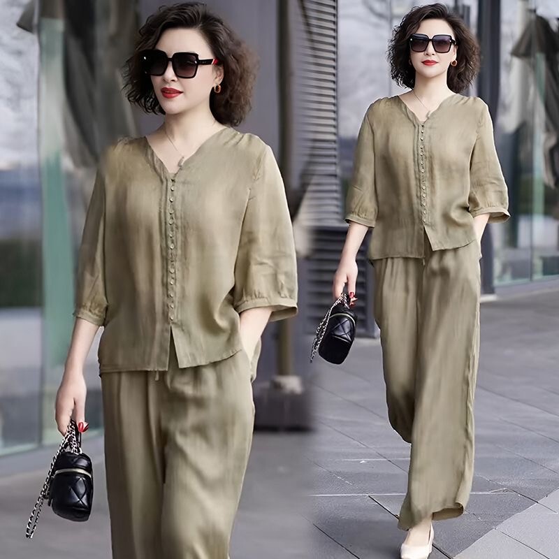 Mom Summer 2025 New suit Cotton Linen Women's High-end Western Style Fashion Ethnic Style Wide Leg Pants Two-piece Set