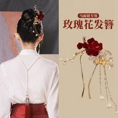 新しい中国風の赤いベルベットの花のタッセルヘアピン女性のヘアアクセサリー花嫁の婚約乾杯ドレスヘアピンお祝いヘアピン