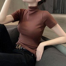 莫代尔半高领短袖T恤女2023夏季女装新款黑色打底衫薄款紧身上衣