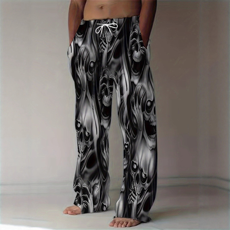 Cross-Border Foreign Trade Summer New Fashion Women's Trousers with Horror Skull Element Pattern Print Casual Wide-Leg Trousers