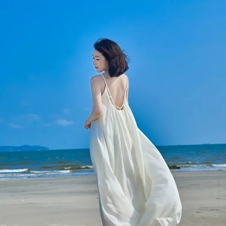 Plus-Size Beach Vacation Fairy-Style Dress, Summer Beach New Style, Slimming Backless Long Dress, Slightly Sheer Strap Dress Plus-Size Beach Vacation Fairy-Style Dress, Summer Beach New Style, Slimming Backless Long Dress, Slightly Sheer Strap Dress