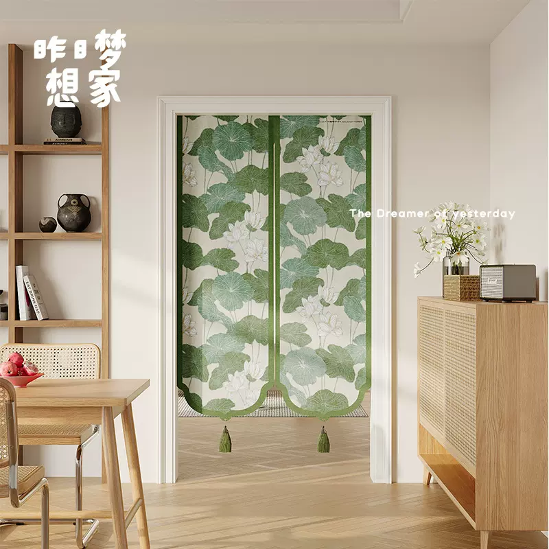 新中式荷花门帘中国风遮挡帘家用卧室免打孔隔断帘厨房防油烟半帘
