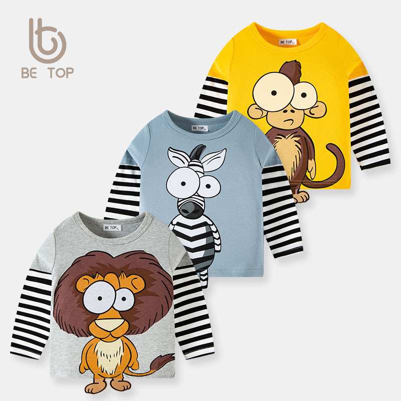 2024 primavera y otoño nuevos niños de rayas patchwork manga tridimensional de dibujos animados Camiseta de algodón puro bebé Top camisa de fondo de los niños