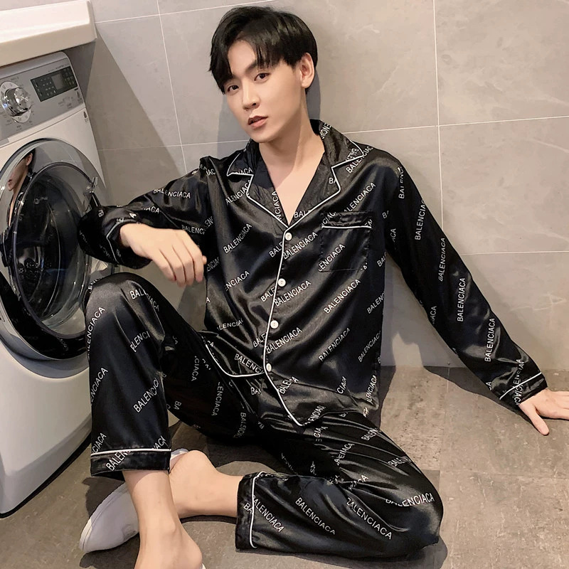 Spring and Summer Thin Imitation Silk Ice Silk Pajamas Men's Jacquard Cardigan Long Sleeve Trousers Plus Size Home Suit Men's Suit