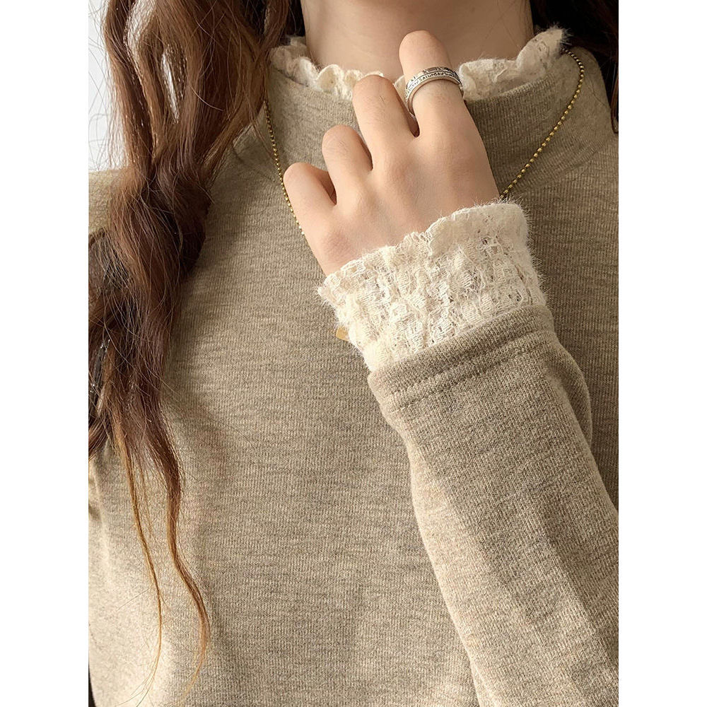 여성용 레이스베이스 셔츠, 세로 칼라 반 높이 칼라 봄, 가을, 겨울 기모 긴팔 티셔츠 디자인 탑