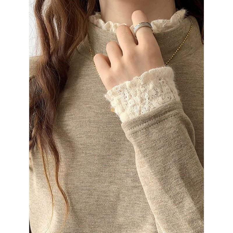 Women's Lace Base Shirt with Vertical Collar Half-high Collar Spring, Autumn and Winter fleece-lined Long-sleeved T-shirt Design Top Women's Lace Base Shirt with Vertical Collar Half-high Collar Spring, Autumn and Winter fleece-lined Long-sleeved T-shirt Design Top