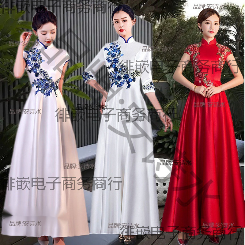 Etiquette Reception Clothing Etiquette Cheongsam Clothing Lady Gold Store Event Style Blue and White Award Dress Hotel Reception Etiquette Reception Clothing Etiquette Cheongsam Clothing Lady Gold Store Event Style Blue and White Award Dress Hotel Reception