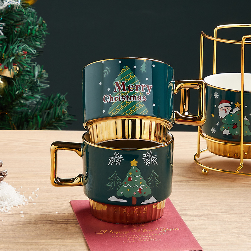 Amazon Venta caliente Navidad taza imprimible logotipo Taza de cerámica con estante Navidad regalo traje al por mayor