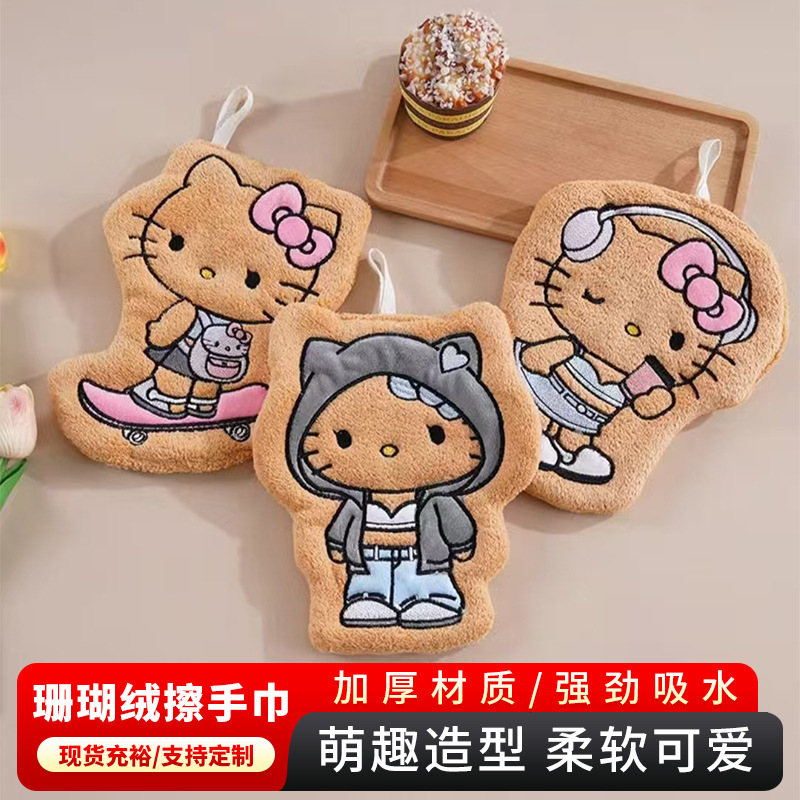Manufacturer Wholesale Kitty Cat Hand Towel Coral Fleece Thickened Kitchen Cartoon Cleaning Cloth Absorbent Children's Household Hanging Towel