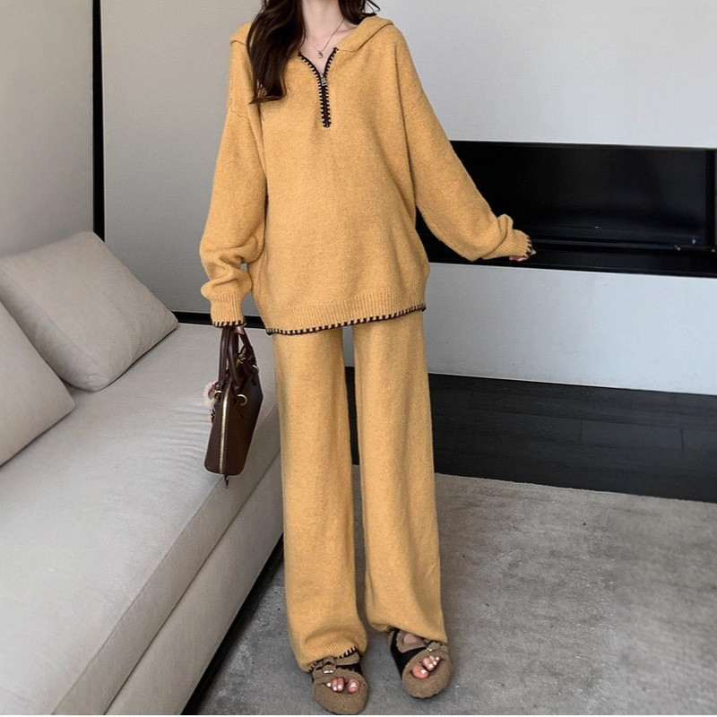 2025 New Autumn and Winter Lazy Style Maternity Suit Women's Loose Hooded Knitted Fashion Sweater Wide Leg Pants Two-Piece Set