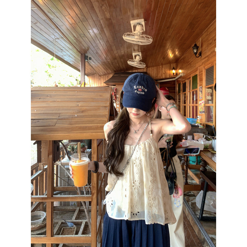 In-Stock Resort-Style Hollow-Out Embroidered Beaded Camisole for Women, Summer Gentle Apricot Color Sleeveless Off-Shoulder Sweet and Spicy Style In-Stock Resort-Style Hollow-Out Embroidered Beaded Camisole for Women, Summer Gentle Apricot Color Sleeveless Off-Shoulder Sweet and Spicy Style