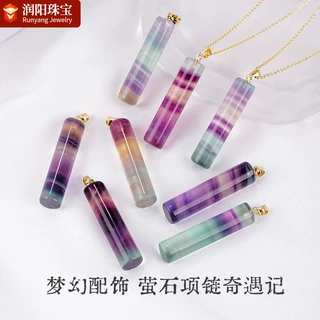 跨境天然水晶项链萤石圆柱体吊坠金色链子水晶原石长条项链女饰品