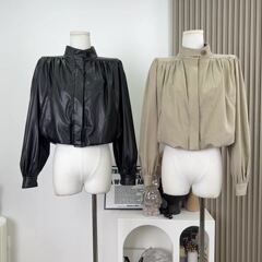 『欣幸』气质灯笼袖云朵下摆早秋新款立领皮衣显瘦短款夹克外套女